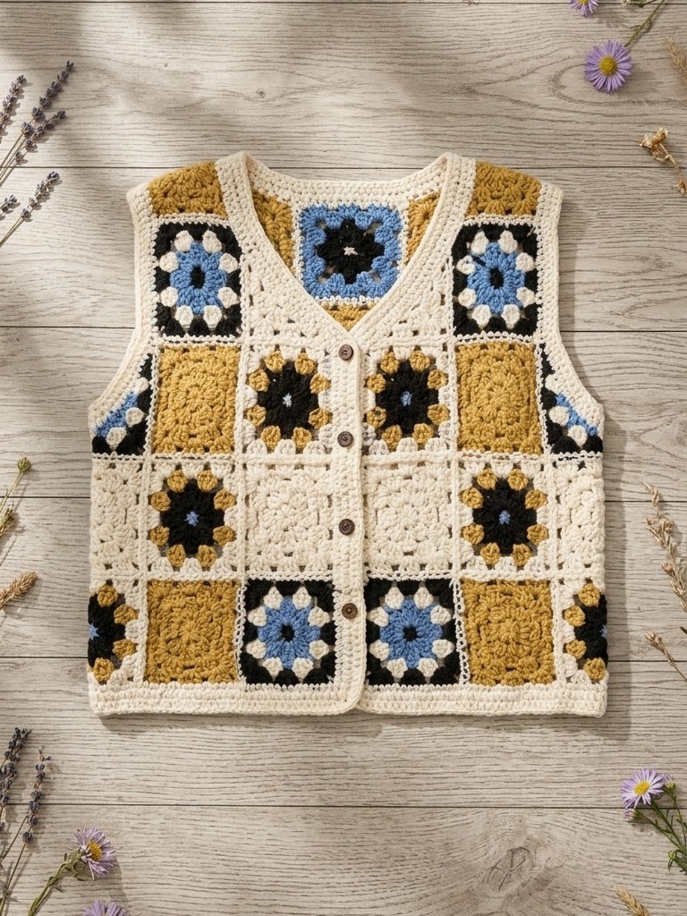 Handmade Cream Crochet Vest with Mustard & Blue Accents